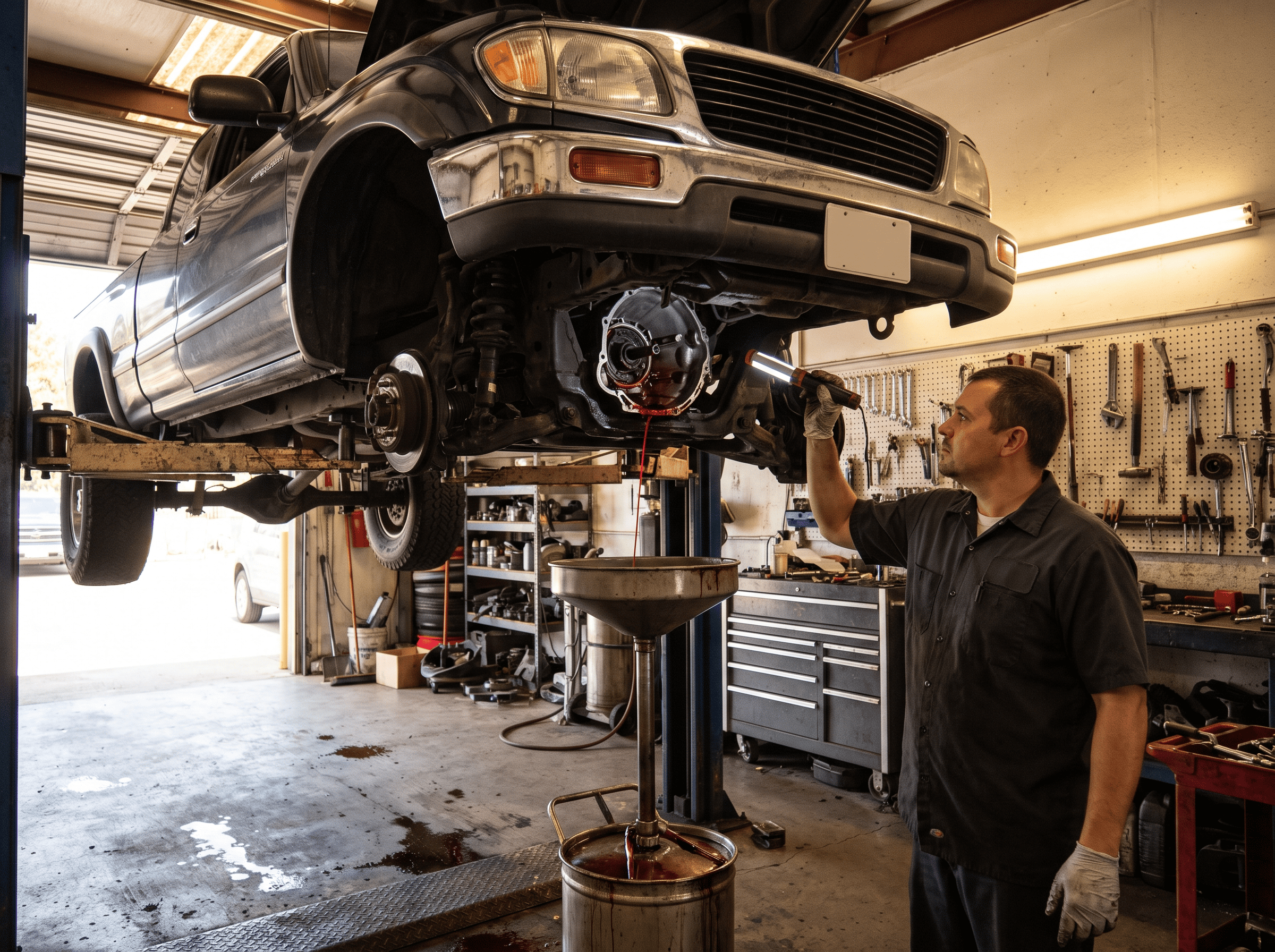 Technician inspecting a vehicle transmission on a lift inside an Arlington, TX repair shop