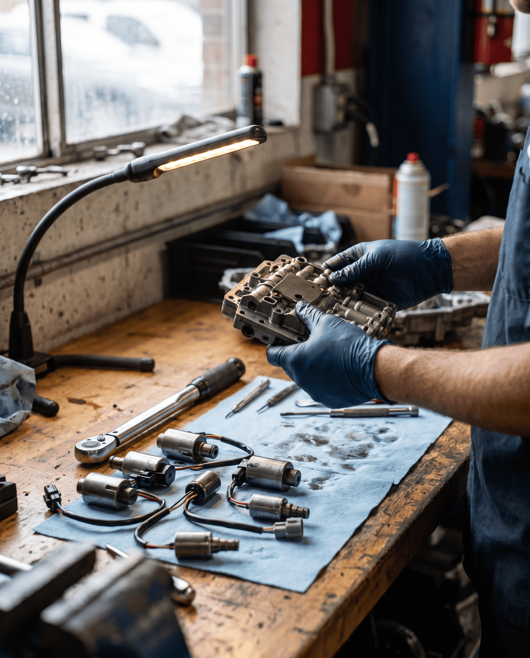 Technician inspecting a transmission valve body and solenoids on a shop workbench